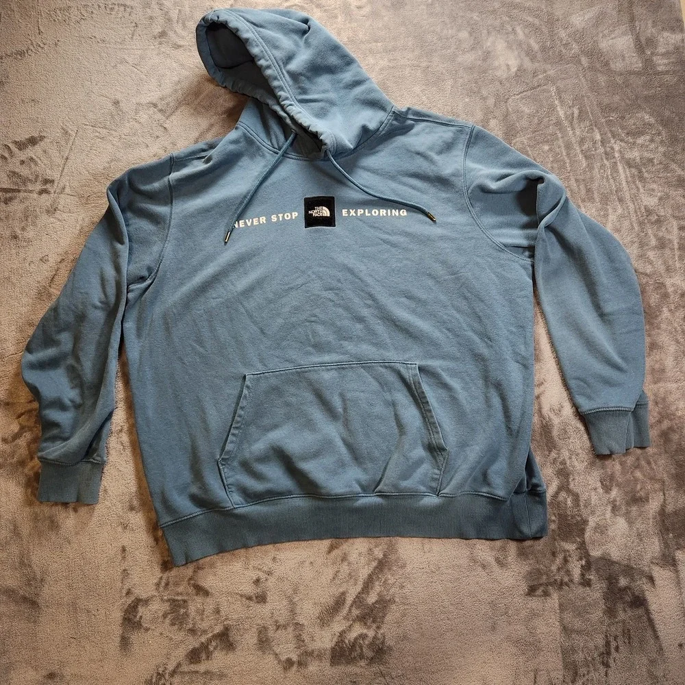 The North Face Hoodie Mens 2XL Blue  Fleece Pullover Never Stop Exploring